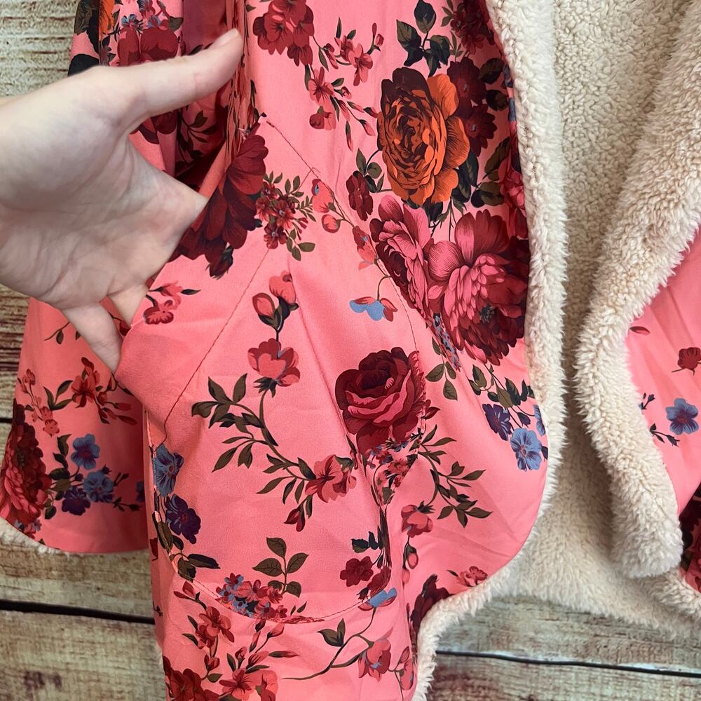 Urban Outfitters Inspired Beatriz Fuzzy Reversible Coat Jacket L Floral Fleece - Picture 2 of 11